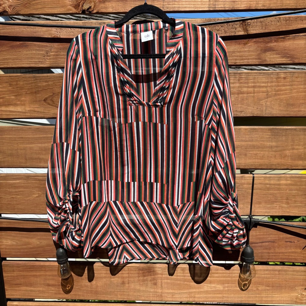 Cabi Striped Blouse Womens Small Orange Green Multi Sheer Ruched Sleeve